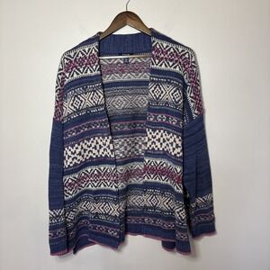 Chaps Women's Open Long Cardigan Blue Southwest Aztec Print Cotton Blend Sz XL